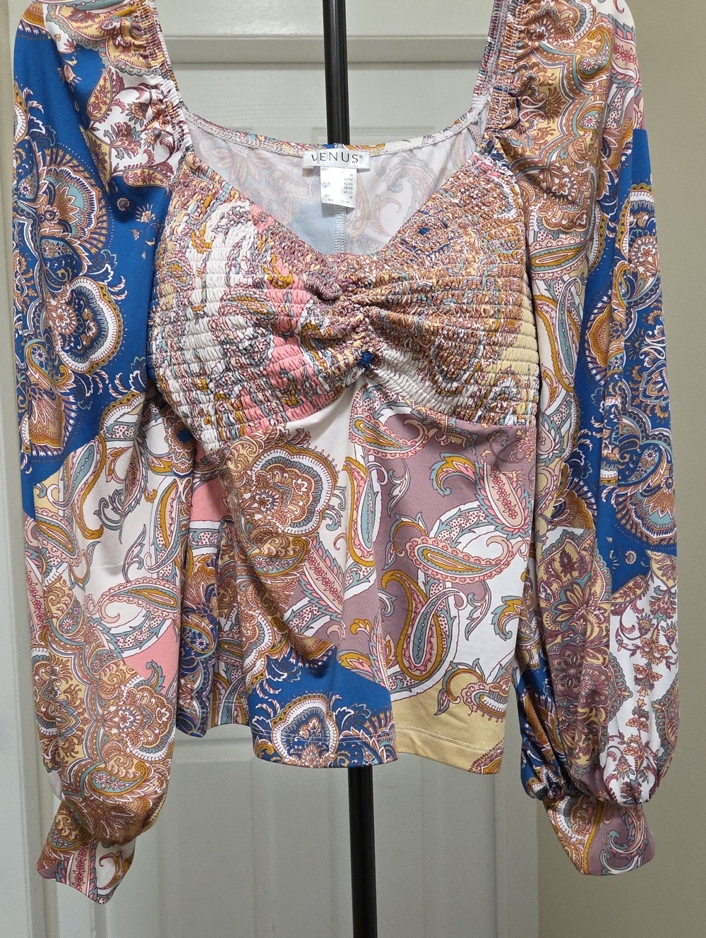 VENUS Paisley Smocked Peplum Blouse Blue Pink Gold Boho Cottagecore Romantic Top - Picture 4 of 9